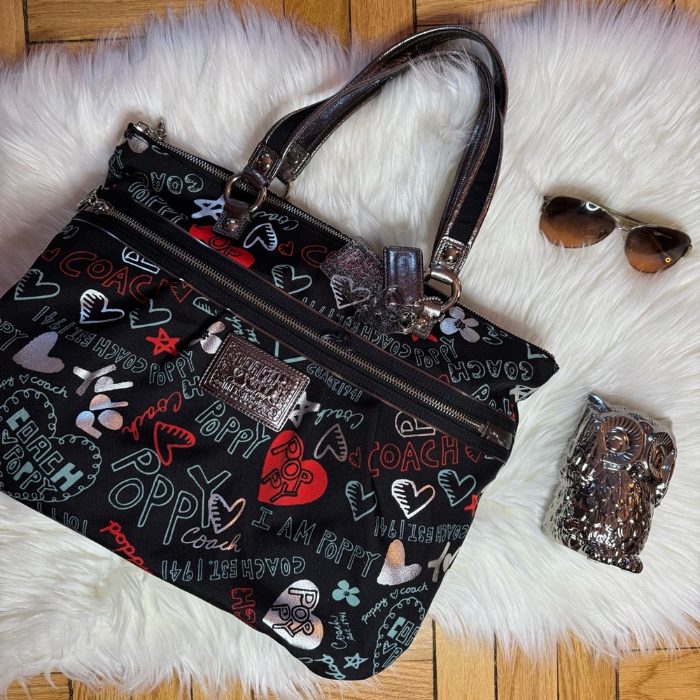 COACH Poppy Red Teal Silver Black Graphic Text Heart Shoulder Tote Purse
